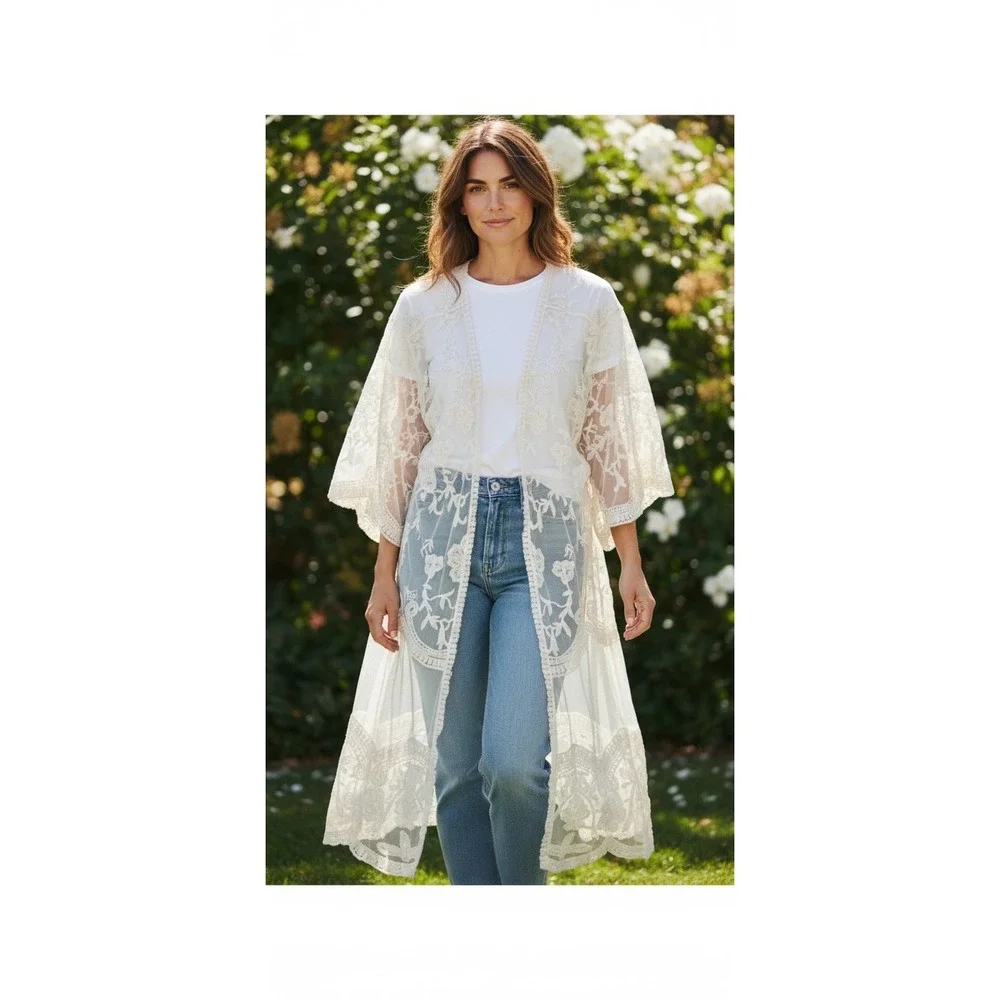 Adiva Cream Sheer Floral Lace Kimono‎ Robe